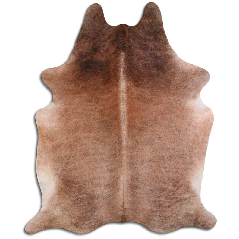 Beige and dark brown cowhide rug with irregular shape and natural hair texture.