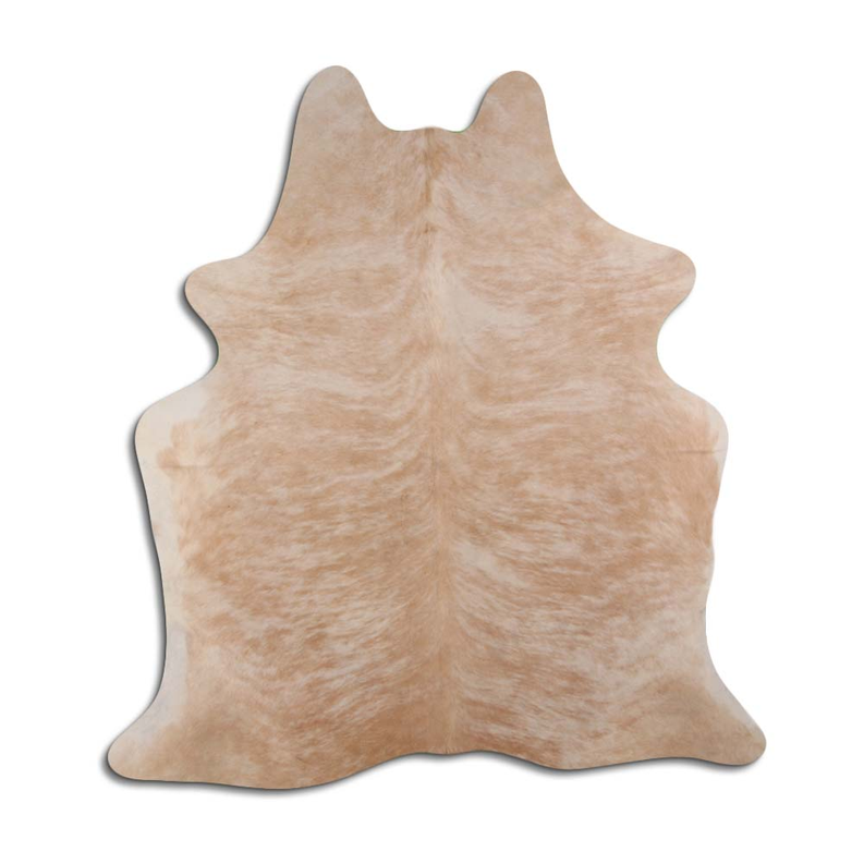 Beige brindle cowhide rug with natural hair on hide, irregular star-like shape