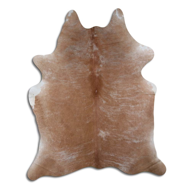 Natural cowhide rug in beige brindle with irregular hair pattern and natural edges