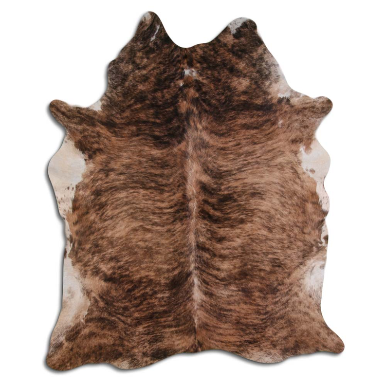 Brindle cowhide rug with short natural hair, irregular beige-and-brown pattern