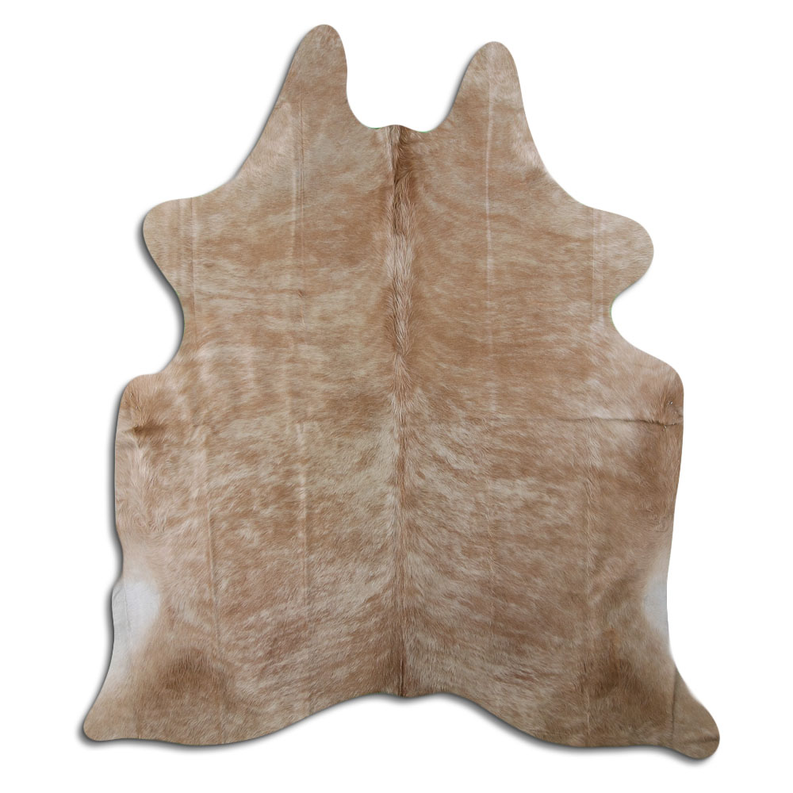 Beige brindle cowhide rug with natural hair texture and irregular hide shape