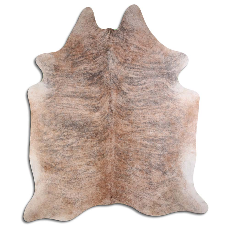 Natural cowhide hide rug with beige brindle hair, irregular star-like shape