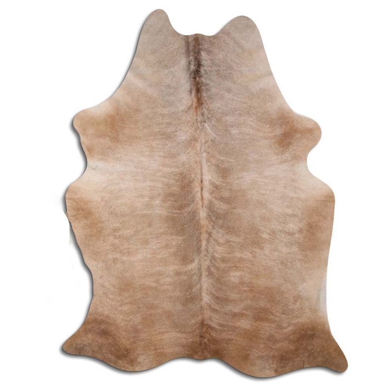 Cowhide rug with beige brindle hair, natural hide pattern and split seam