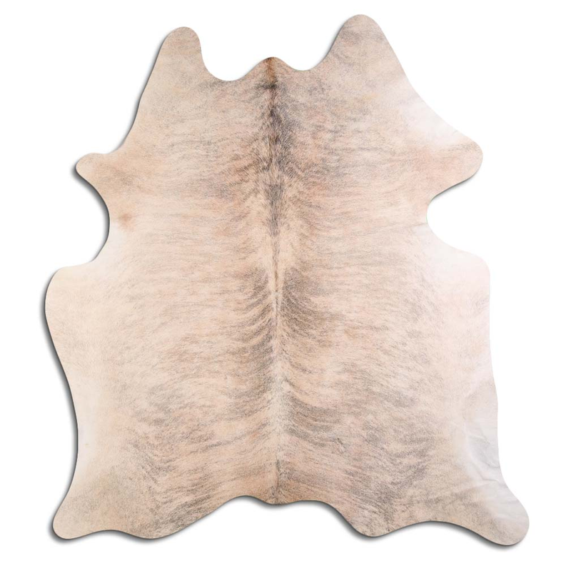 Beige brindle cowhide rug with natural hair, irregular hide shape