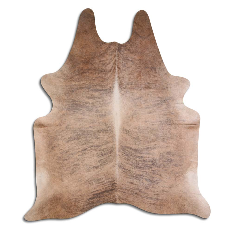 Hair-on cowhide rug with beige and brown brindle pattern, irregular hide shape
