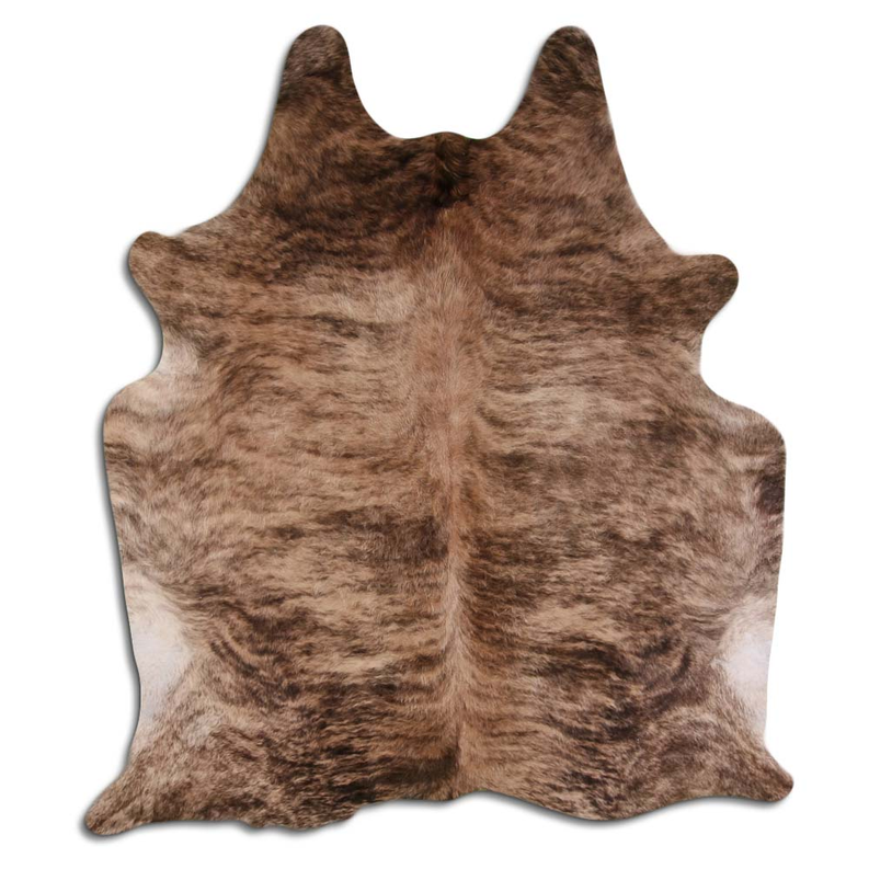 Cowhide rug with short beige and dark brown brindle hair pattern
