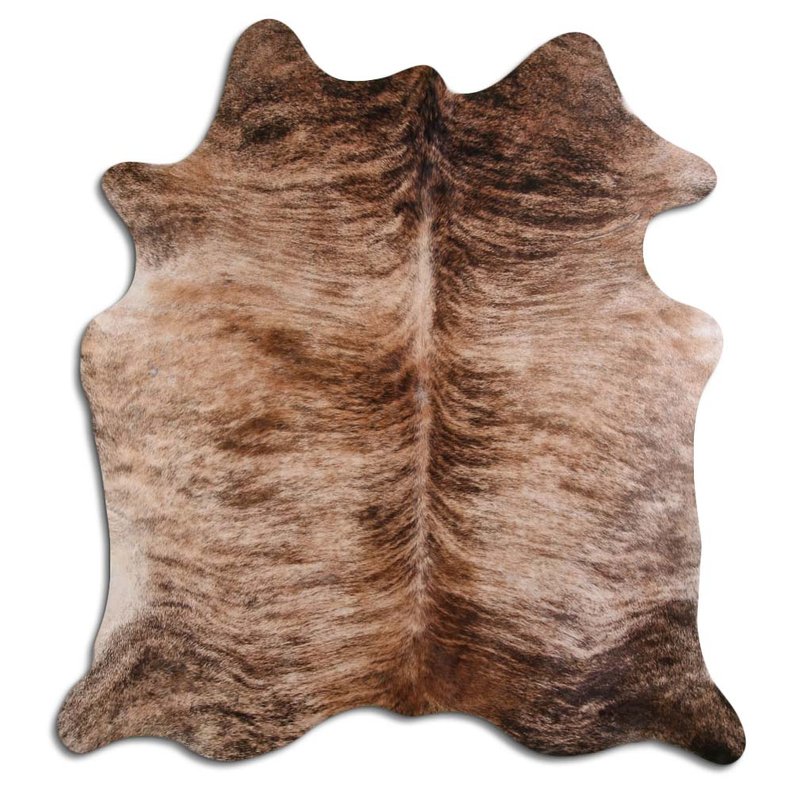 Brindle cowhide rug with short hair, irregular shape, beige and dark brown patches