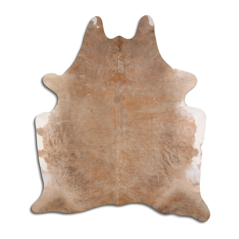 Natural cowhide hide rug with beige brindle hair and irregular star-like shape