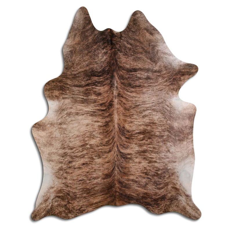 Brindle cowhide hair rug with irregular shape, beige and dark brown mottling