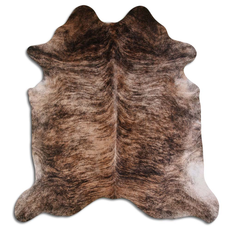 Beige and brown brindle cowhide rug, irregular hide with natural fur texture