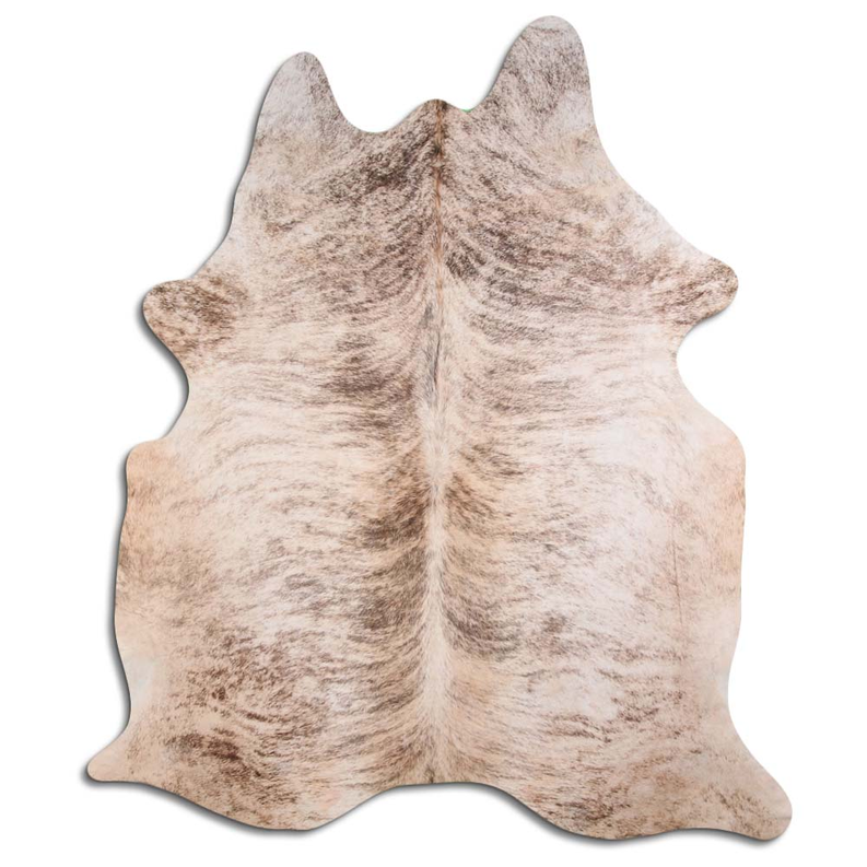 Beige brindle cowhide rug with natural hair texture, irregular hide shape.