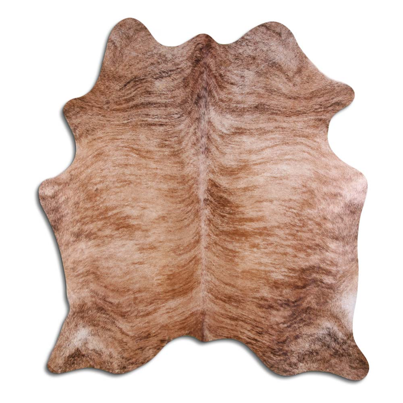 Hair-on cowhide rug in beige and brown brindle, irregular hide shape