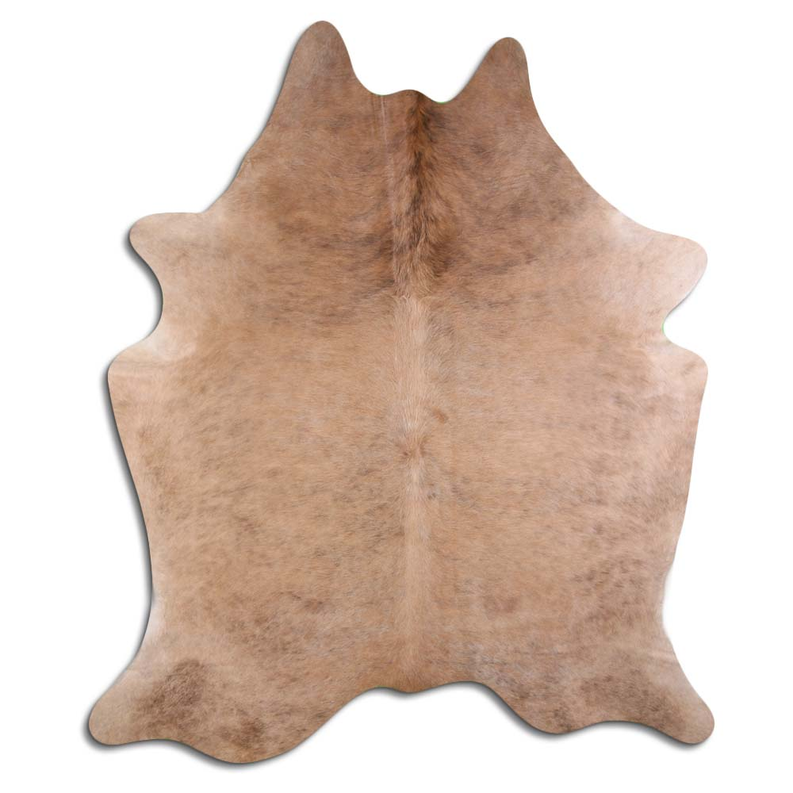 Hair-on cowhide rug, beige brindle, irregular hide with pointed edges.