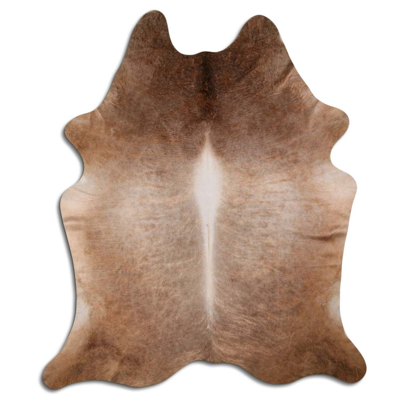 Beige and brown brindle cowhide with natural hair texture, irregular edges.