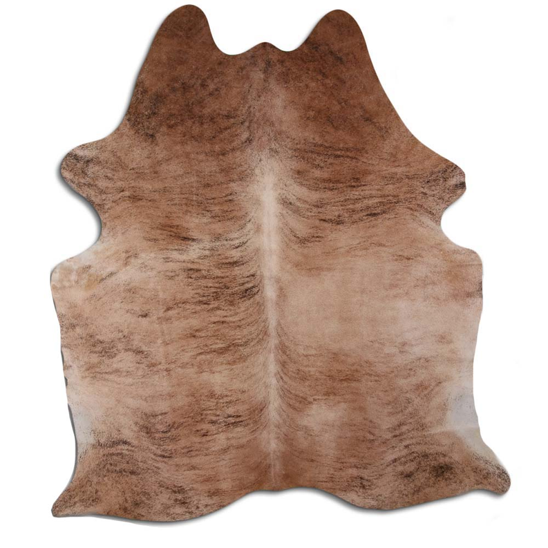 Hair-on cowhide rug with beige and dark brown brindle patches