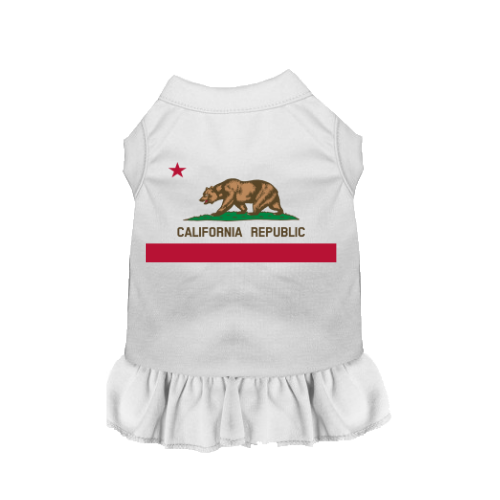 White sleeveless pet dress with ruffled hem, California Republic graphic on front.