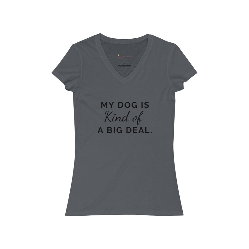 Women's dark gray V-neck short-sleeve jersey tee with slogan graphic