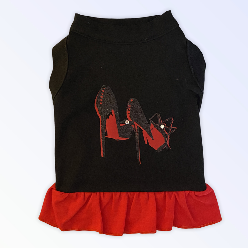 Black dog shirt with red ruffle hem and high-heel graphic
