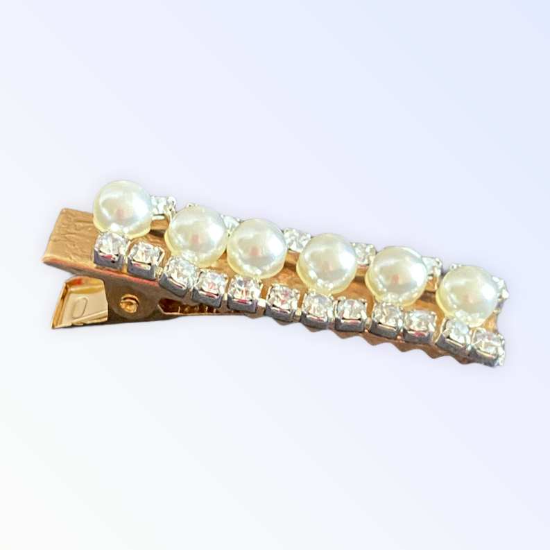Gold hair clip with row of iridescent pearls and clear rhinestones, prong style