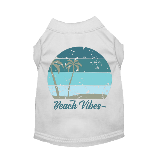 White pet tee with teal 'Beach Vibes' beach scene graphic
