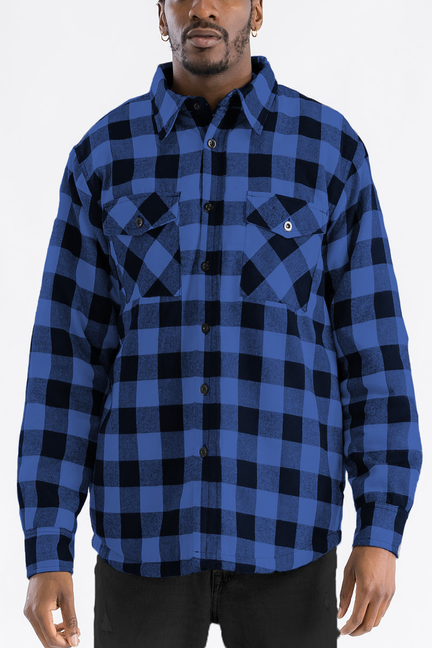 Men's quilted flannel plaid shirt, blue/black, button front, chest flap pockets