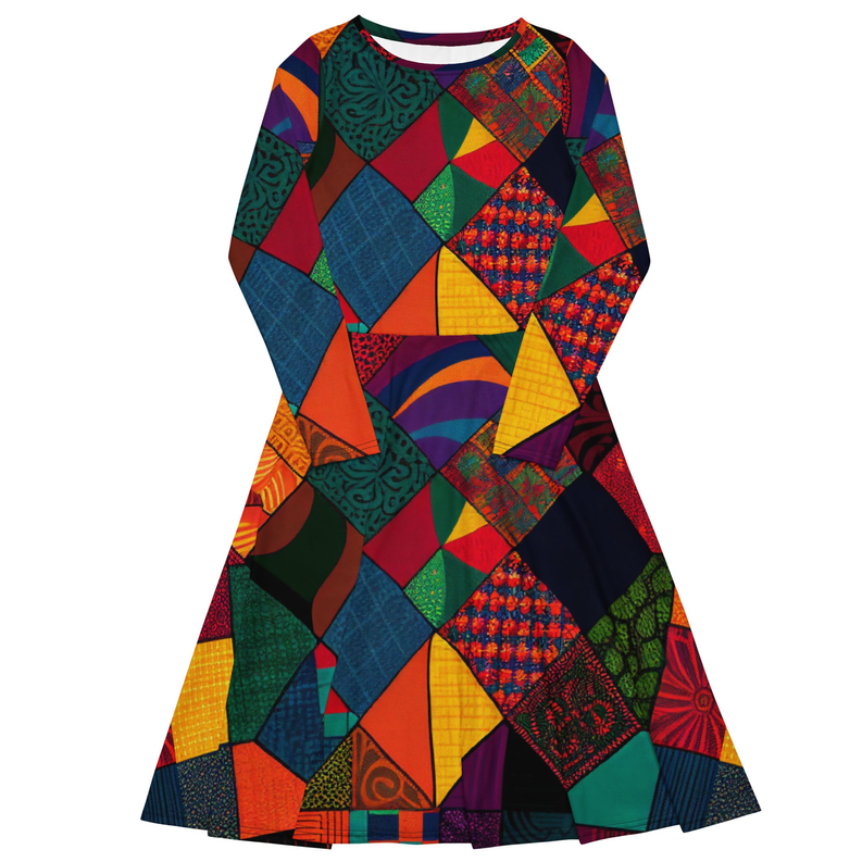 African print patchwork midi dress with long sleeves, multicolor geometric pattern, crew neckline