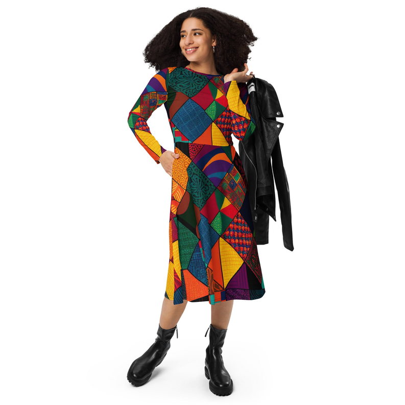 African print patchwork midi dress with long sleeves and side pockets, colorful geometric pattern