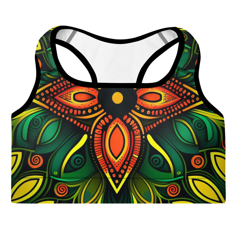 Padded sports bra with colorful geometric print, scoop neck and wide straps