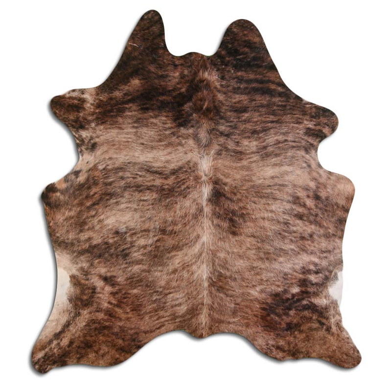 Beige and brown brindle cowhide rug with natural hair, irregular hide shape