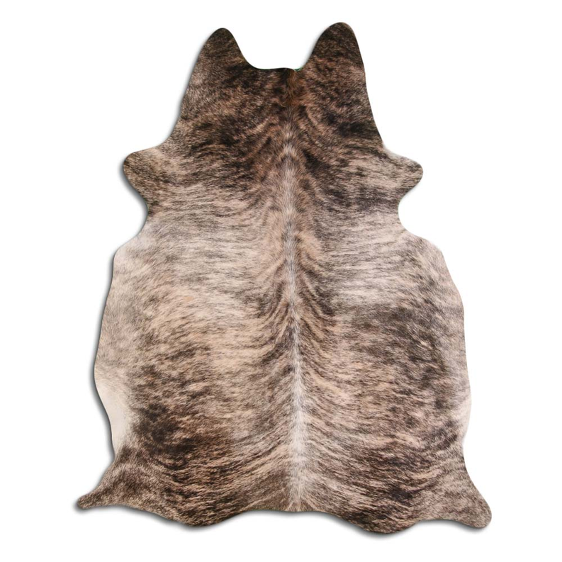 Brindle cowhide hide rug with natural hair, mottled beige and brown, irregular shape