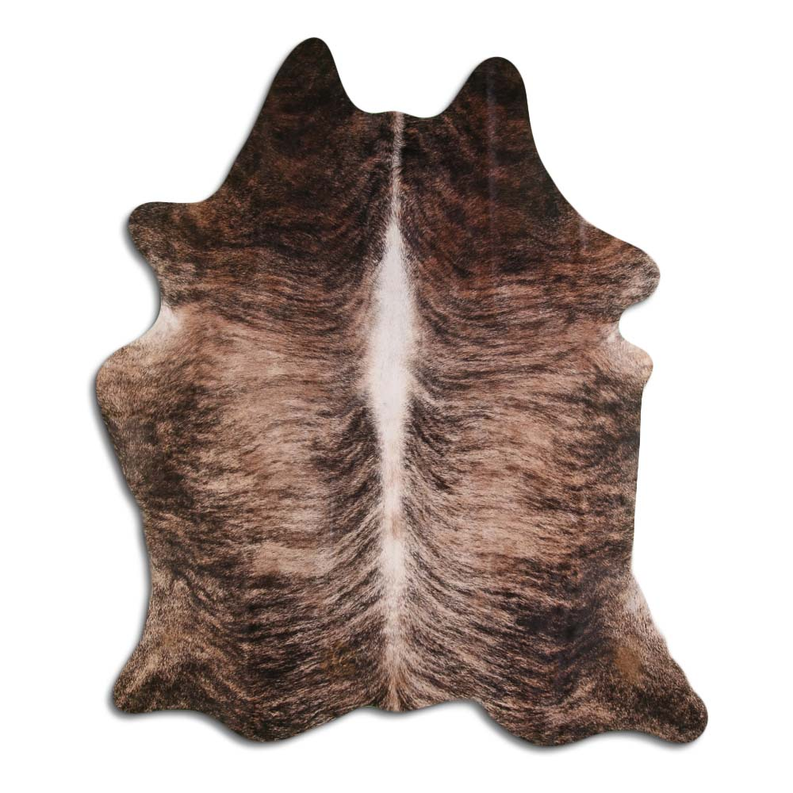 Hair-on cowhide rug with beige and dark brown brindle pattern, irregular hide shape