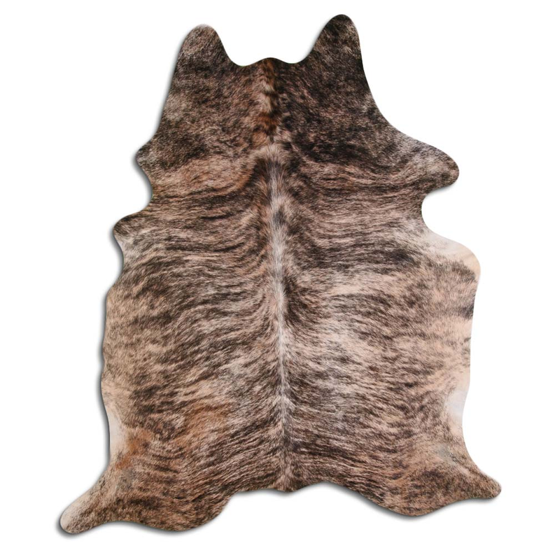 Brindle cowhide rug with natural hair, irregular hide shape
