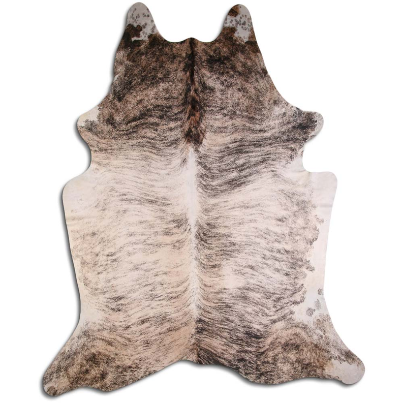 Cowhide rug with beige and dark brown brindle hair-on hide, irregular shape