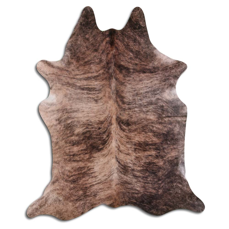 Brindle cowhide rug with irregular hide shape and mottled beige and dark brown hair