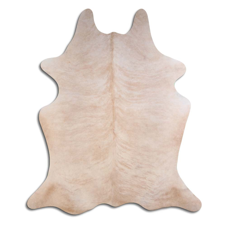 Beige cowhide area rug with natural hair texture, irregular shape
