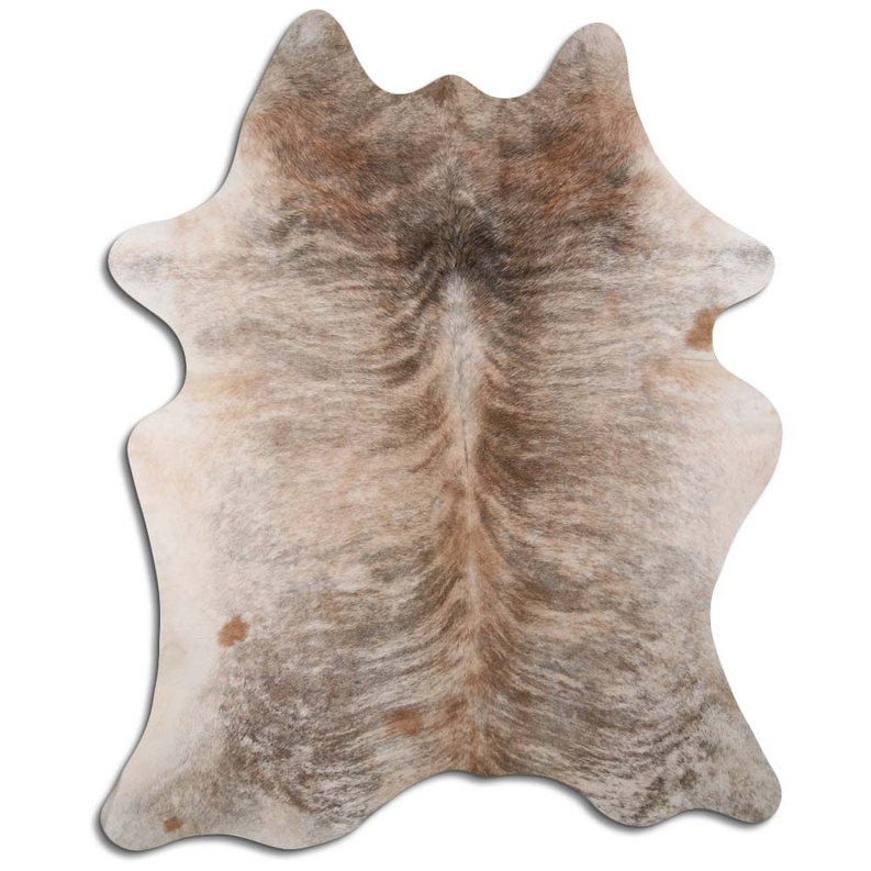 Beige brindle cowhide rug with natural hair, irregular hide shape