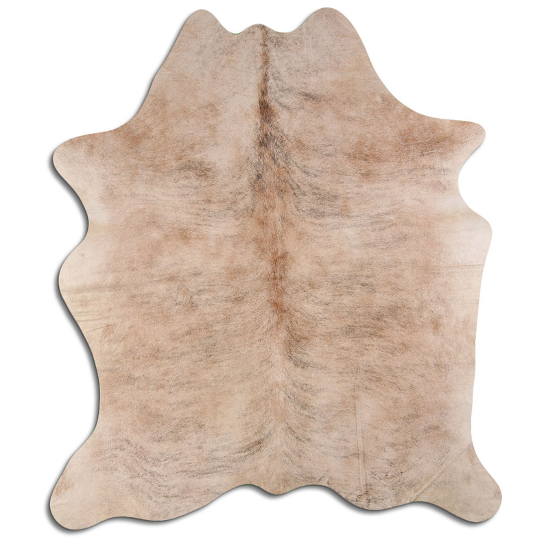 Beige brindle cowhide hide rug with natural hair-on pattern, irregular hide shape