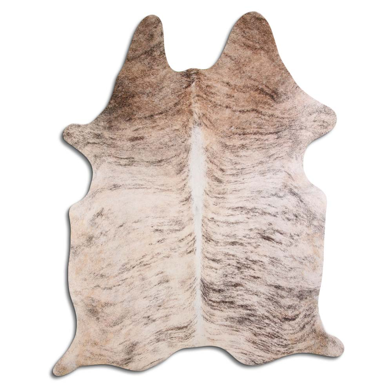 Hair-on cowhide rug, beige brindle speckled pattern, irregular hide shape