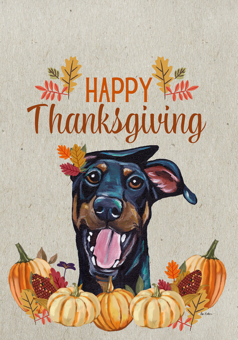 Thanksgiving garden flag with smiling doberman, Happy Thanksgiving text, pumpkins and leaves