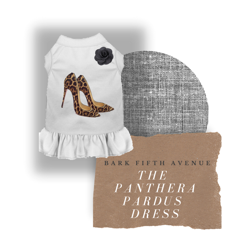 White dress with leopard high-heel print and gray flower detail