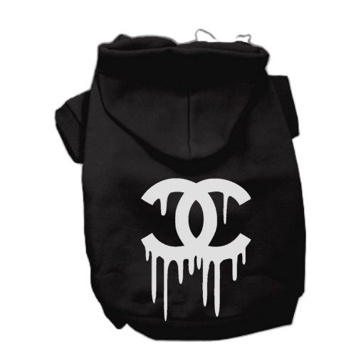 Black dog hoodie with hood and white dripping logo print on front