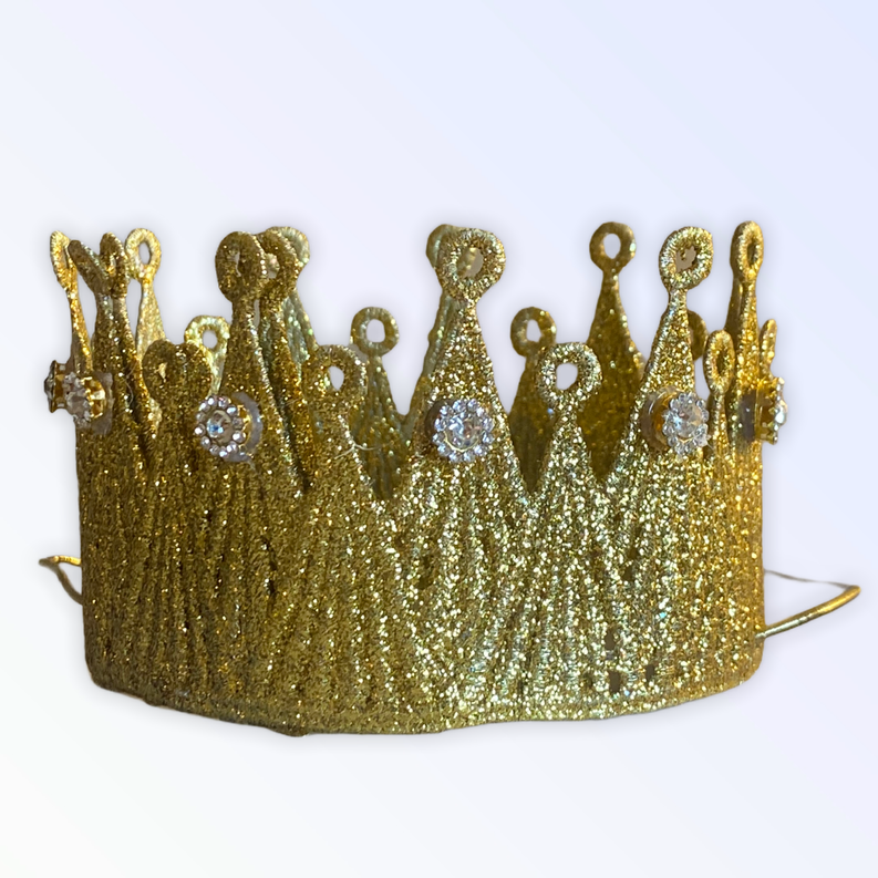 Gold glitter crown with pointed arches and jeweled oval accents
