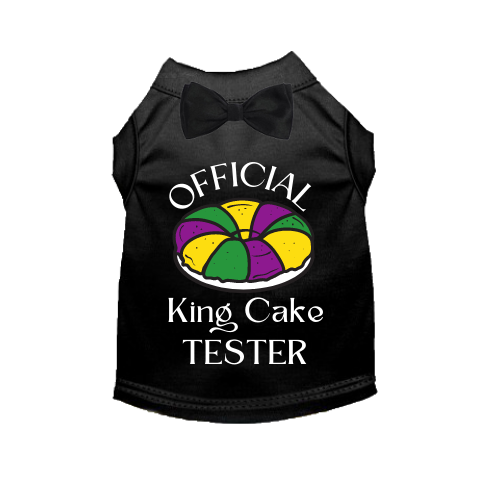 Black pet shirt with bow tie collar and colorful king cake graphic