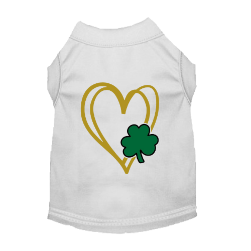 White sleeveless pet shirt with gold heart outline and green shamrock graphic