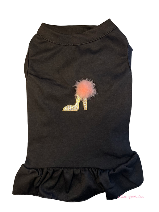 Black pet shirt with gold glitter high-heel applique, pink pom-pom, ruffled hem