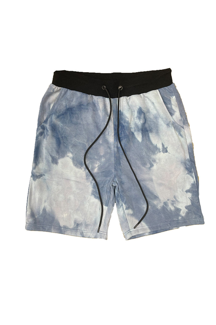 Tie-dye shorts in blue and white with black elastic waistband and cord drawstring