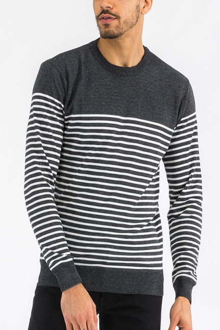 Grey crewneck striped sweater with long sleeves, dark knit base and white horizontal stripes.