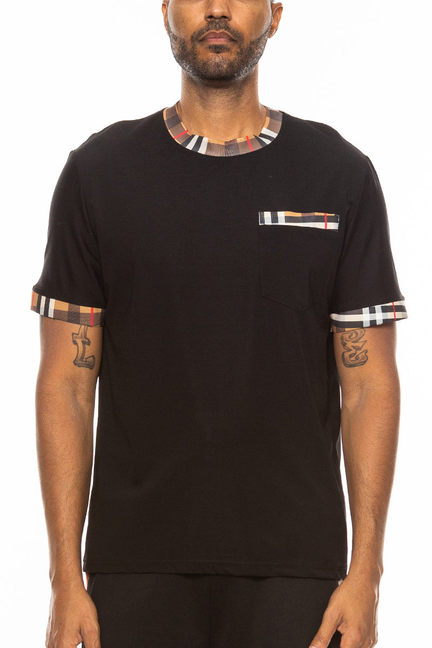 Black checkered-detail T-shirt with pocket and trim at collar and sleeve cuffs