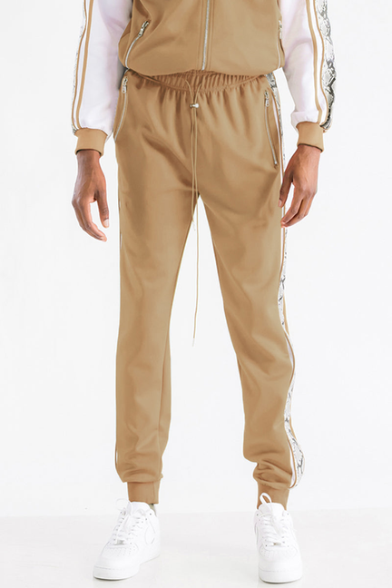 Khaki snake-print side joggers with elastic waistband, drawstring, tapered fit