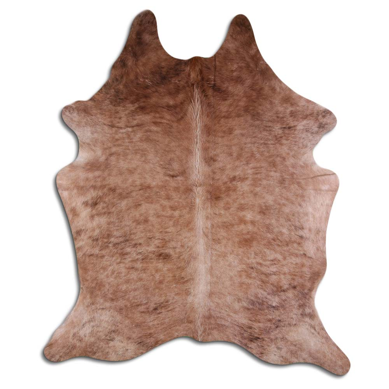 Natural cowhide rug with beige and dark brindle hair, irregular edges